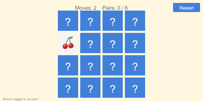 Gameplay screenshot: a 4×4 board of face-down cards with one cherry card flipped