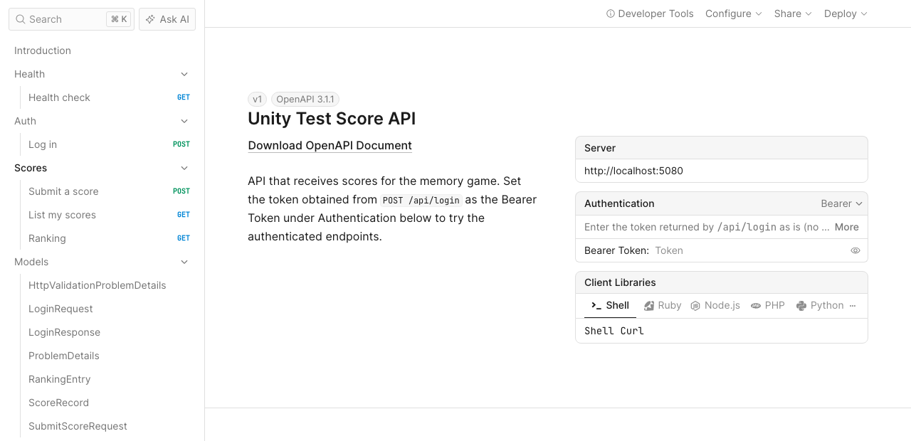 Scalar API docs overview: the endpoint list on the left and the Bearer token field