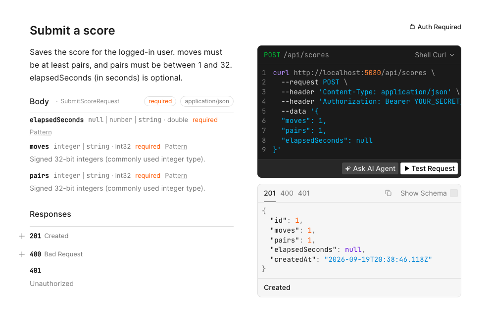 Scalar "Submit a score" page showing the request body, a curl example, and the responses